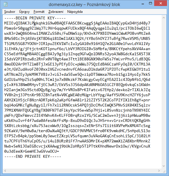 Soubor .key otvoren u Notepadu